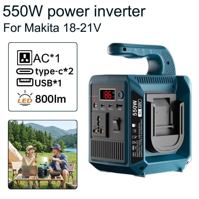 

Портативный инвертор для литиевых аккумуляторов Makita 18-21В, преобразующий DC 18В в AC 110В/220В, 550Вт, с чистой синусоидой, портативная электростанция для использования на улице.