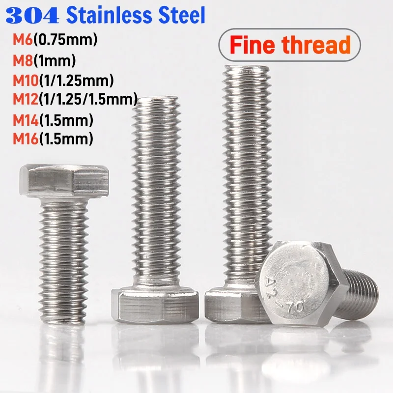 M6M8M10M12M14M16 Fine Thread Hex Bolt Outside Hex Head Screw Bolt 304 Stainless Steel External Hexagon Head Screw
