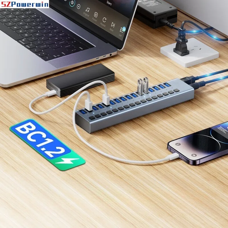 USB3.0 Hub الألومنيوم الصناعي 7-Port/10-Port/16-Port Splitter Split Switch مع محول الطاقة لأجهزة Macbook والهواتف المحمولة والأجهزة اللوحية