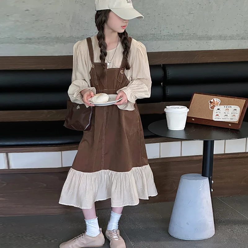 

Корейское осеннее детское платье для девочек, детское лоскутное платье с пышными рукавами для девочек, модное платье принцессы для девочек-подростков