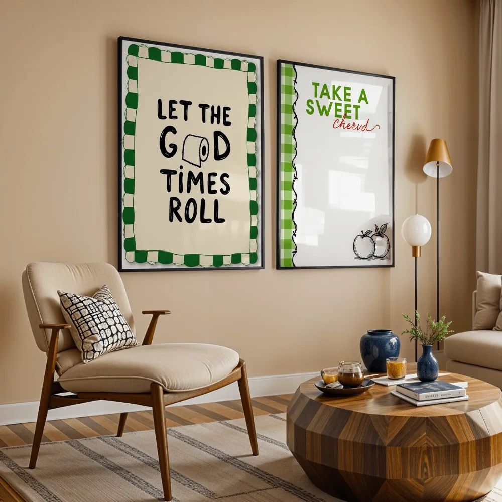 2Pcs Green Check Fun Inspirational Quote Canvas Poster Wall Art,2D Print Decor,Simple Home Decoration For Living Room Bedroom