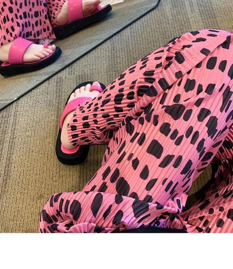 2026 retro y2k feminino rosa leopardo impressão calças de perna larga cintura alta plissado flowy até o chão para estilo rua