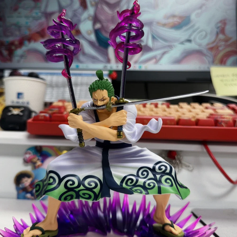 13cm Bandai New Products One Piece Roronoa Zoro handmade item Three-Knife Fighting Skill Anime Action Model Decorations Gifts