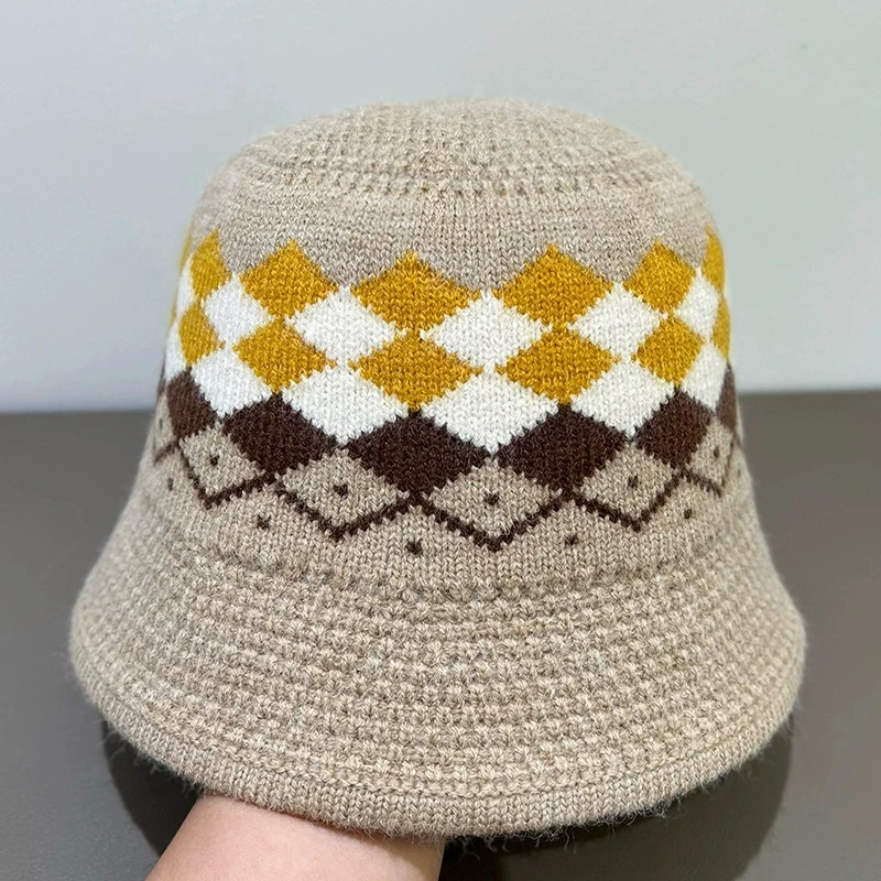 Neue Gestrickte Fischer Hut für Frauen Winter Warme Mütze Fair Isle Stil Koreanische Ohr-Schutz Woolen Hut Große Kopfumfang – Detail 12