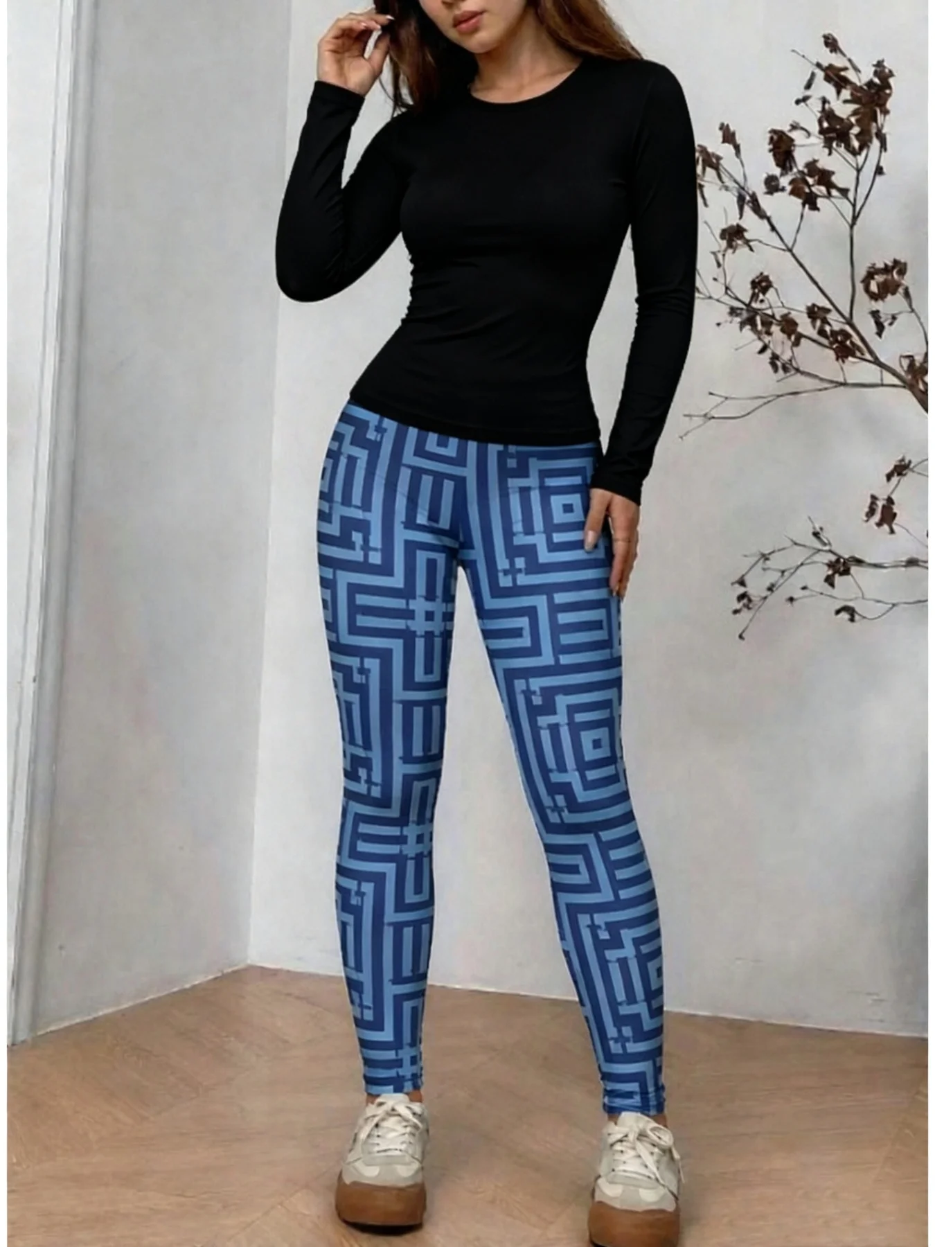 Women's Solid Color round Neck Long Sleeve T-Shirt Top with Elastic Waist Geometric Pattern Long Pants Set Business Casual Outfi