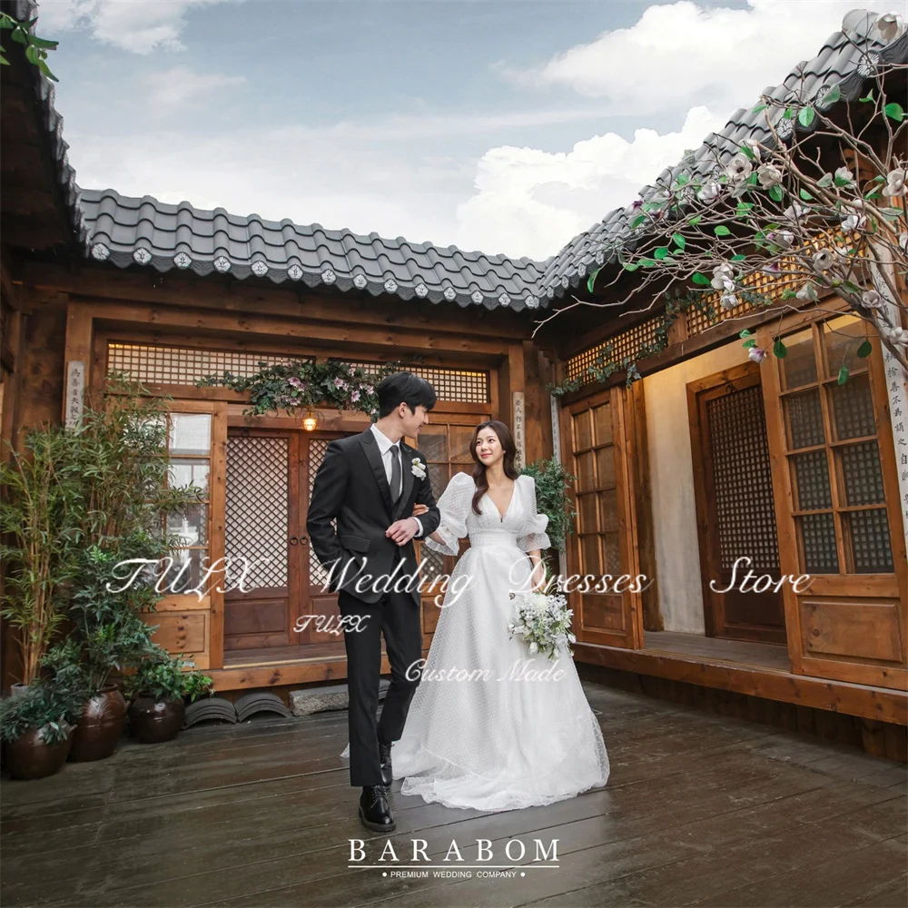 TULX robe de mariée en tulle à pois ivoire corée séance photo col en V manches longues une ligne longues robes de mariée Corset personnalisé ...........