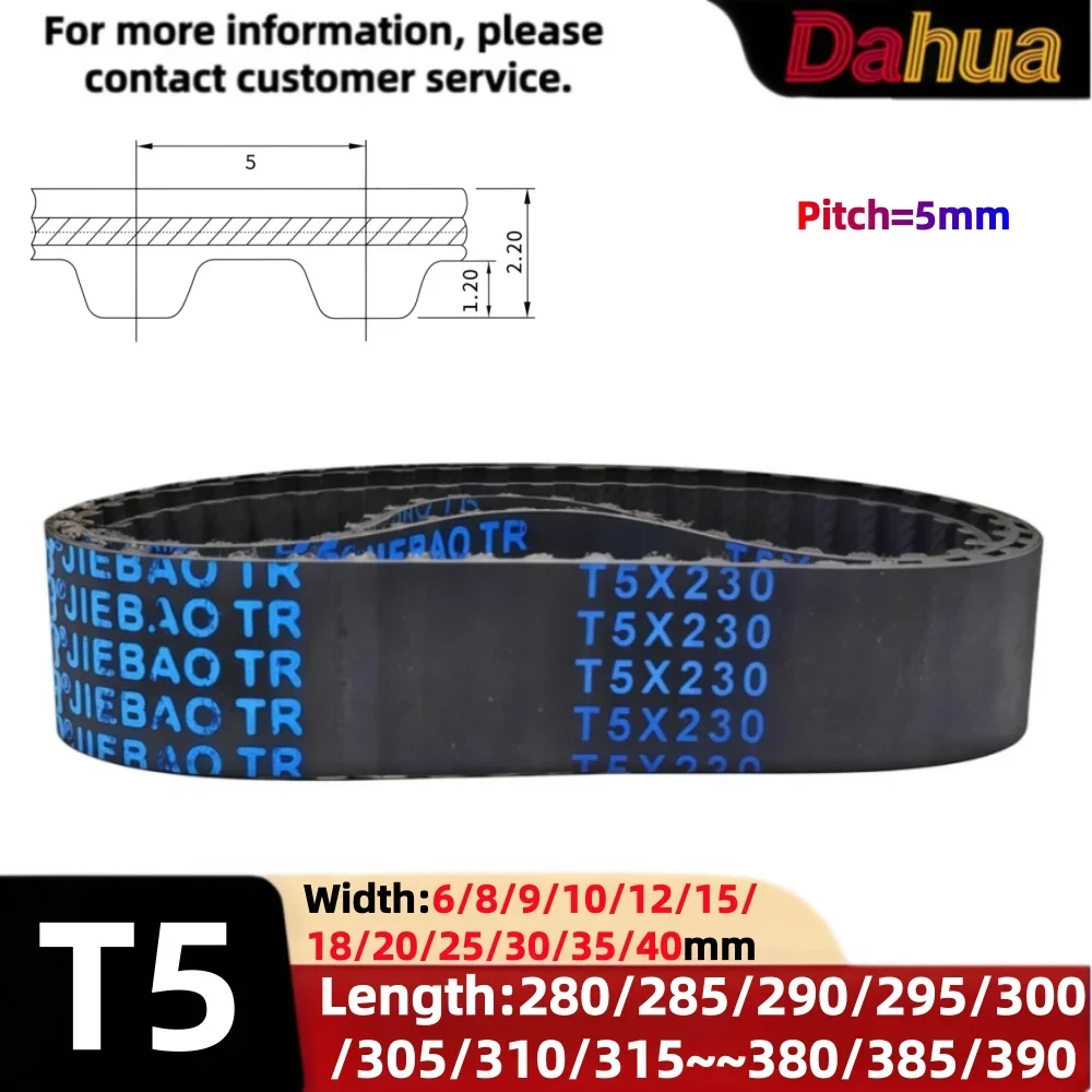 High Quality T5 Rubber Synchronous Timing Belt 6/8/9/10/12/15/20~40mm Width 280mm-390mm Long Drive Belt for Linear Motion Motor