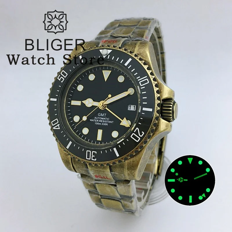 BLIGER 43mm GMT Watch NH34A Automatic SEA Bronze Case Black Dial Rose gold Index Ceramic Bezel Sapphire Waterproof Wristwatch