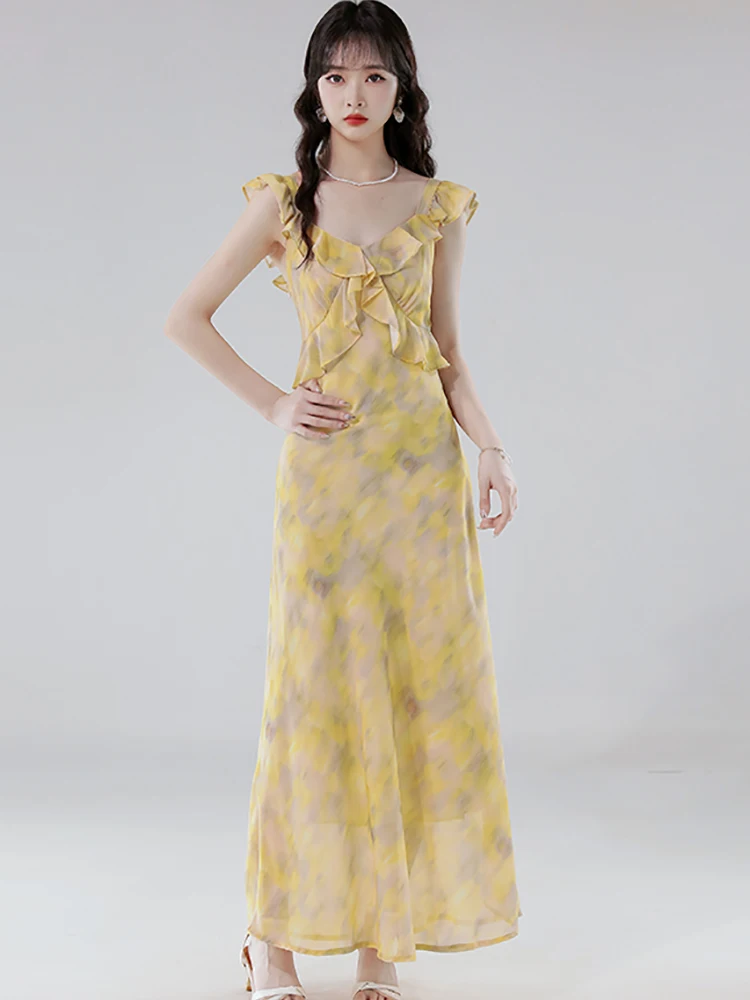 Robe longue en mousseline de soie, Style plage, florale, Maxi, élégante, Chic, à volants, écharpe, Sexy, coréenne, moulante, robe de soirée, été, 2025