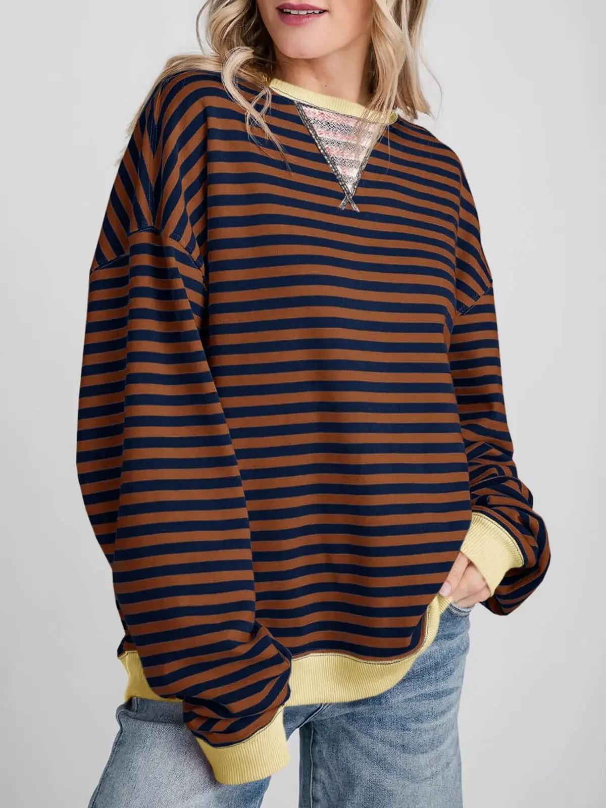 Womens Striped Oversized Sweatshirt Color Block Crew Neck Long Sleeve Shirt Casual Loose Pullover Top Y2K Clothes