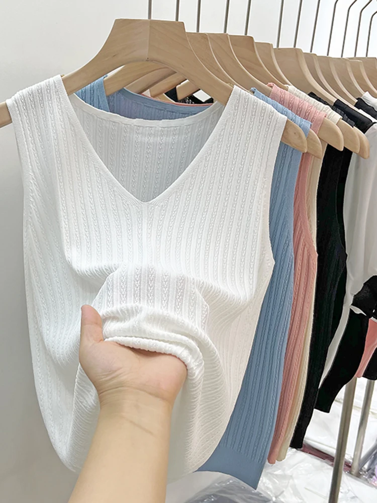 Summer Versatile Knit Sleeveless Tops Women Basic Solid Tank Tops Casual V-neck Slim Thin Tees Female Tops Ice shreds Vest