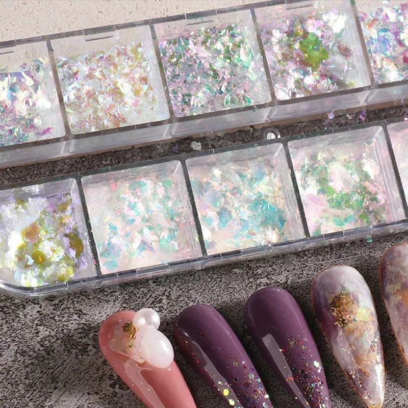 12 Grids Iridescent Nail Aurora Glitter Crystal Fire Flakes Holographic Sparkle Sequins Charms Gel Polish Manicure Flash