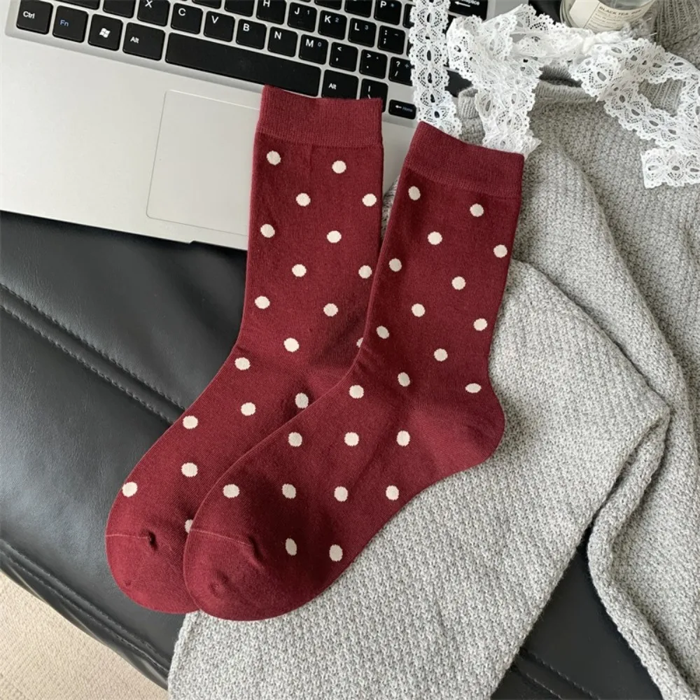 

Cute Harajuku Vintage Women Socks Knitted Elastic Long Socks Polka Dot Cotton Middle Tube Socks Autumn Winter