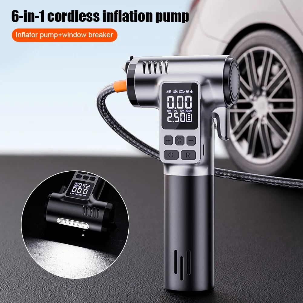 6 In1 Vehicle Tire Inflator Air Compressor Escape Tool with Safety Hammer and Seat Belt Cutter Car Tire Air Pump with LED Light