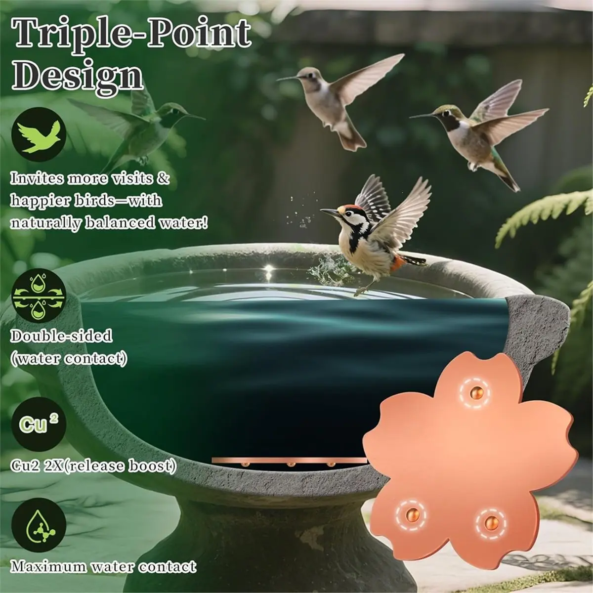 HOUSEHOLD*GOOD Pure Copper Bird Bath Disk, Triple Point Support Design Lower Cleaning Frequency (1, Copper Flower)