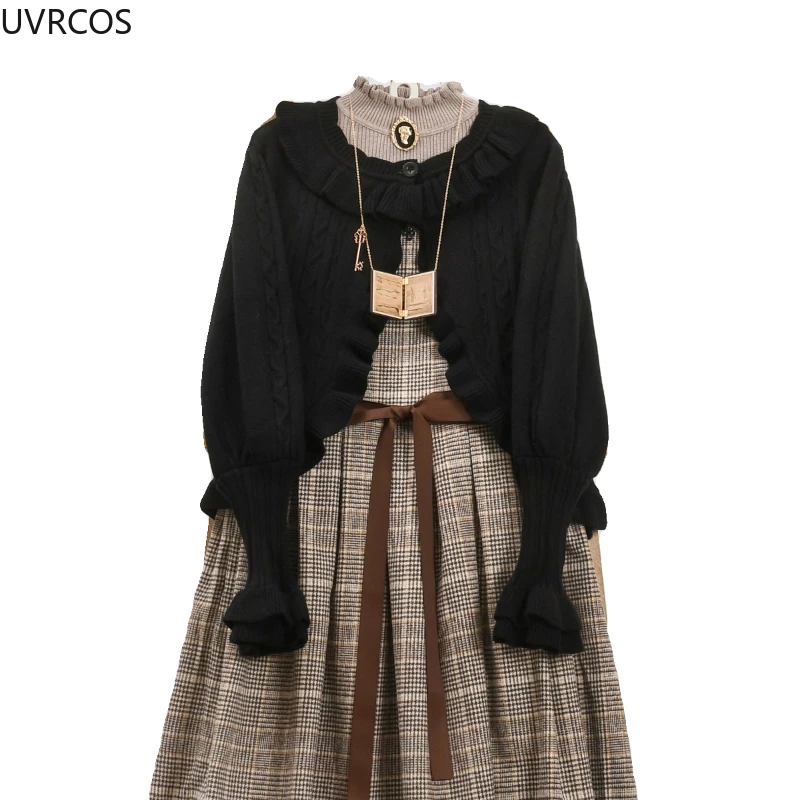 Cardigan lavorato a maglia stile giapponese Kawaii Lolita donna elegante volant O collo maniche lunghe maglione cappotto dolce maglieria maglioni top