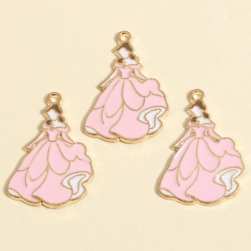 10pcs Gold Color 28x20mm Cartoon Enamel Princess Charms Formal Dress Pendant Fit DIY Necklaces Jewelry Handcrafted Accessories