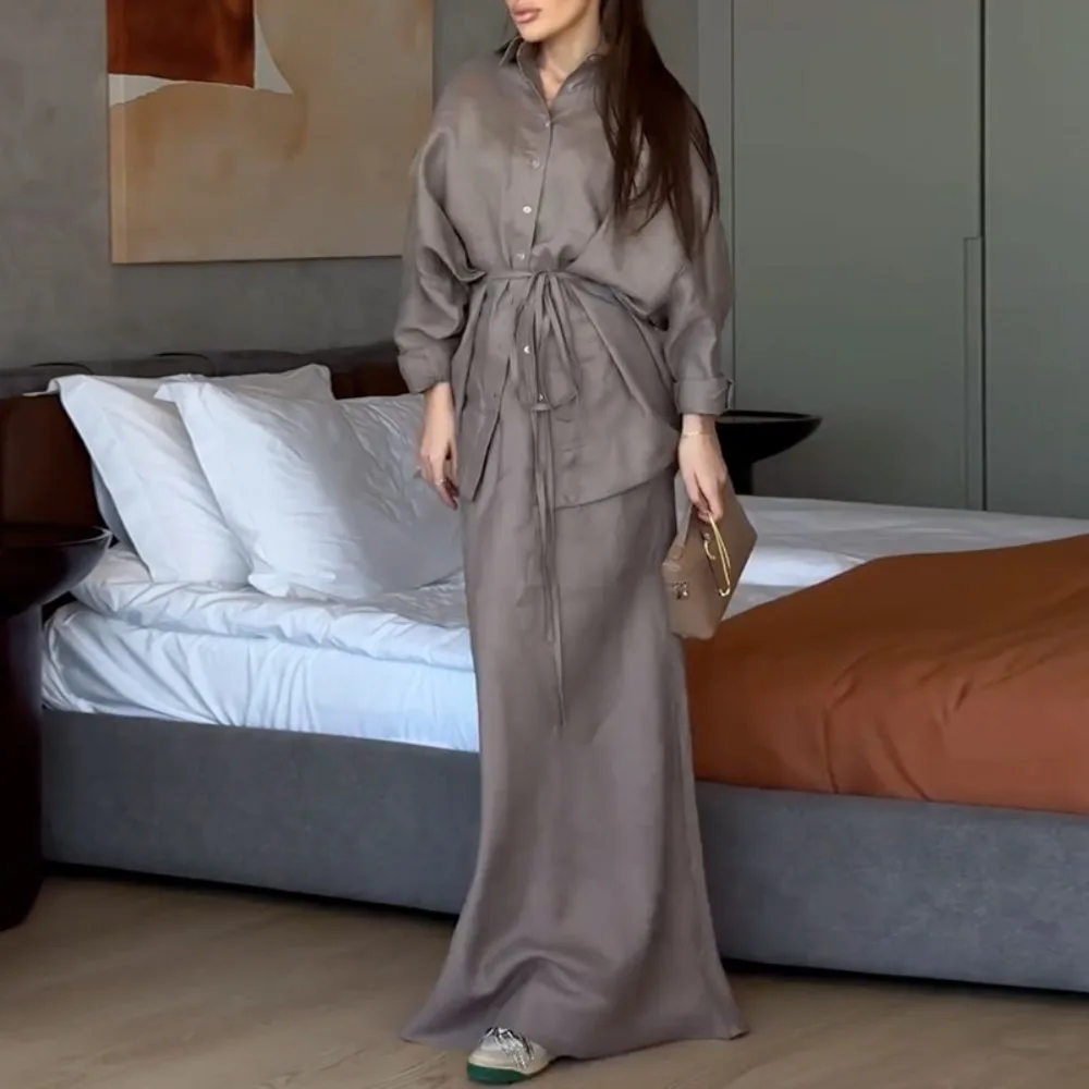 

Spring and Summer New Fashion Lapel Loose Long-sleeved Shirt High Waist Skirt Suit Comfortable Classic Versatile High Fashion