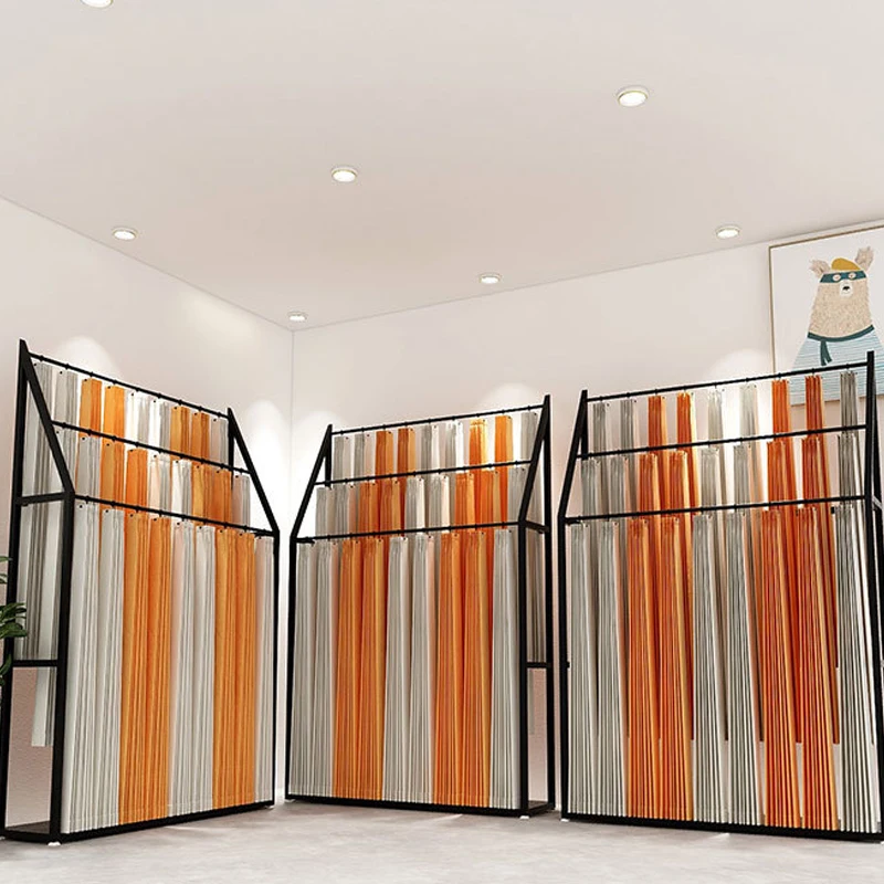 custom，Boutique Fabric Curtain Store Floor Display Rack Multi-layer Metal Fabric Display Storage Shelf