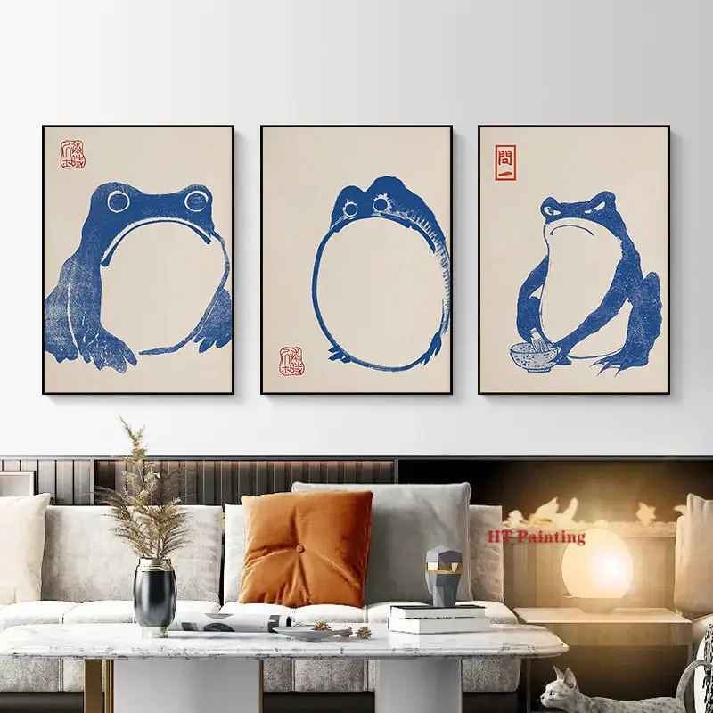 Matsumoto Hoji Vintage Japanese Blue Frog Poster Antique Woodblock Funny Animal Canvas Painting Wall Pictures Home Decor