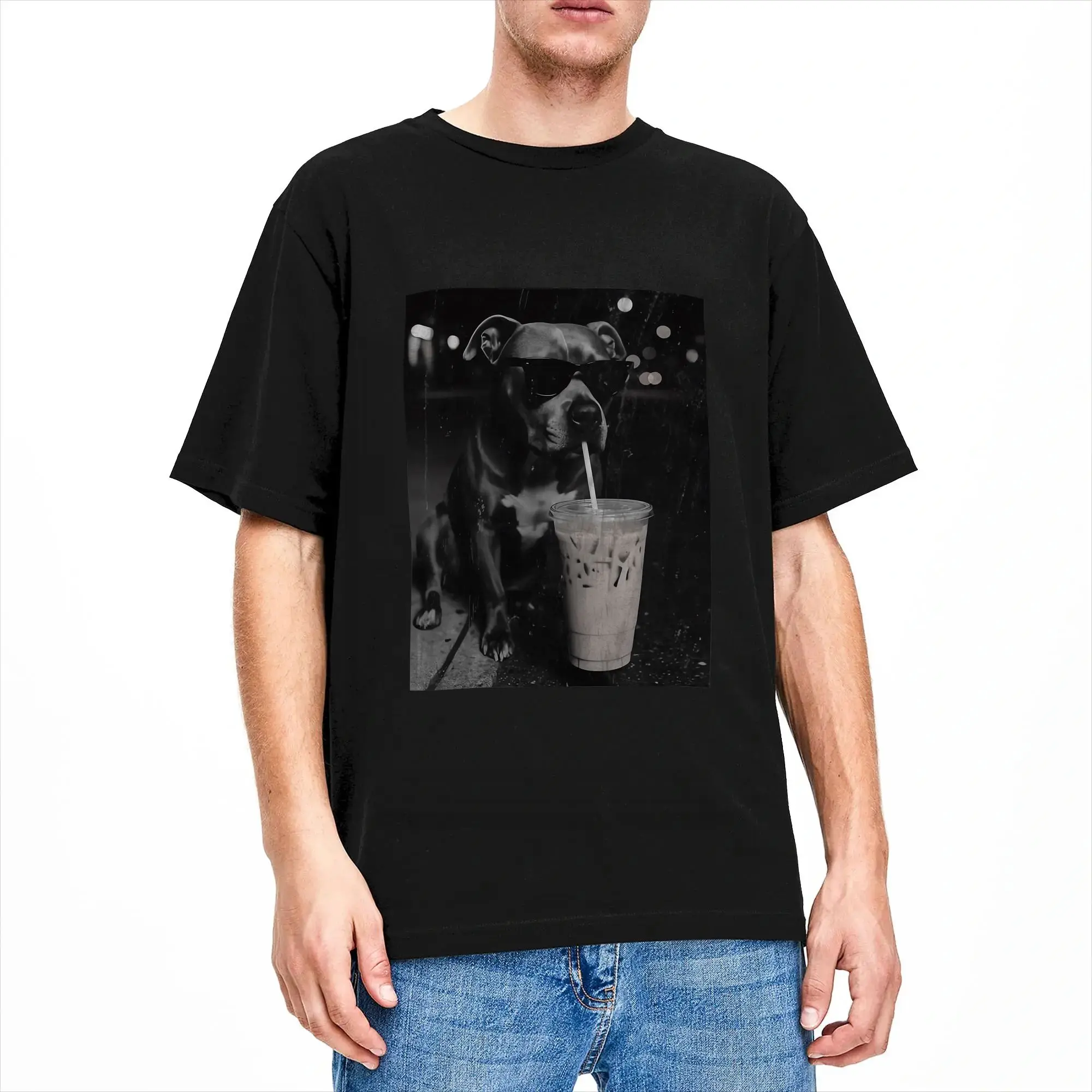 Harajuku T-Shirt Cool Funny Pitbull Drinking Iced Coffee Lovers Meme Graphic 100% Cotton T Shirts  Trending Tee Shirt Gift Idea