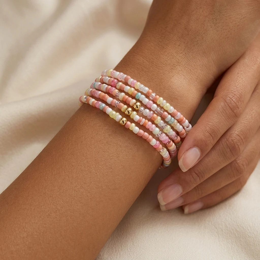

5PCS Bohemian Style Glass Beaded Elastic Rope Bracelets, Fashion Jewelry For Women