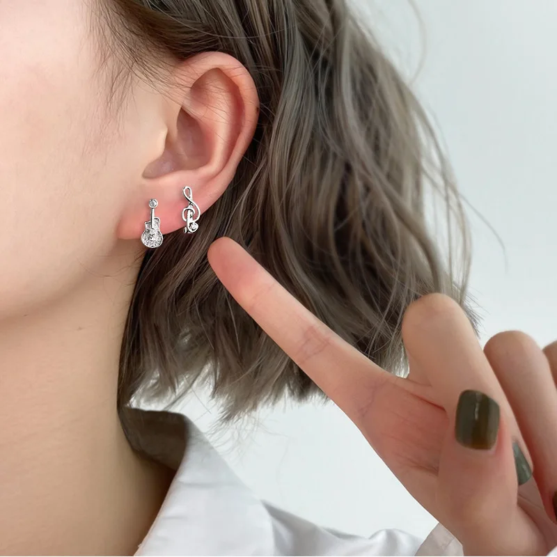 925 Sterling Silver Jewelry Asymmetric Guitar Note Zircon Hoop Earrings for Women Wedding Party Jewelry for Girls Friend Gift