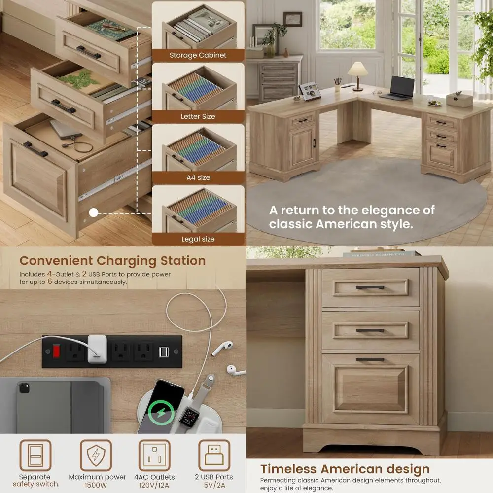 

armhouse L Shaped Desk, Executive Computer Desk with Ders and Storage Cabinet, Home Oice Desk with ile Der and Power Outlet, Des