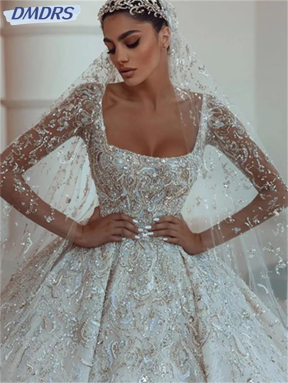 Charming Long Sleeve Wedding Dress 2024 Elegant Beaded Ball Gown Luxurious Floor Length Bridal Gown Vestidos De Novia