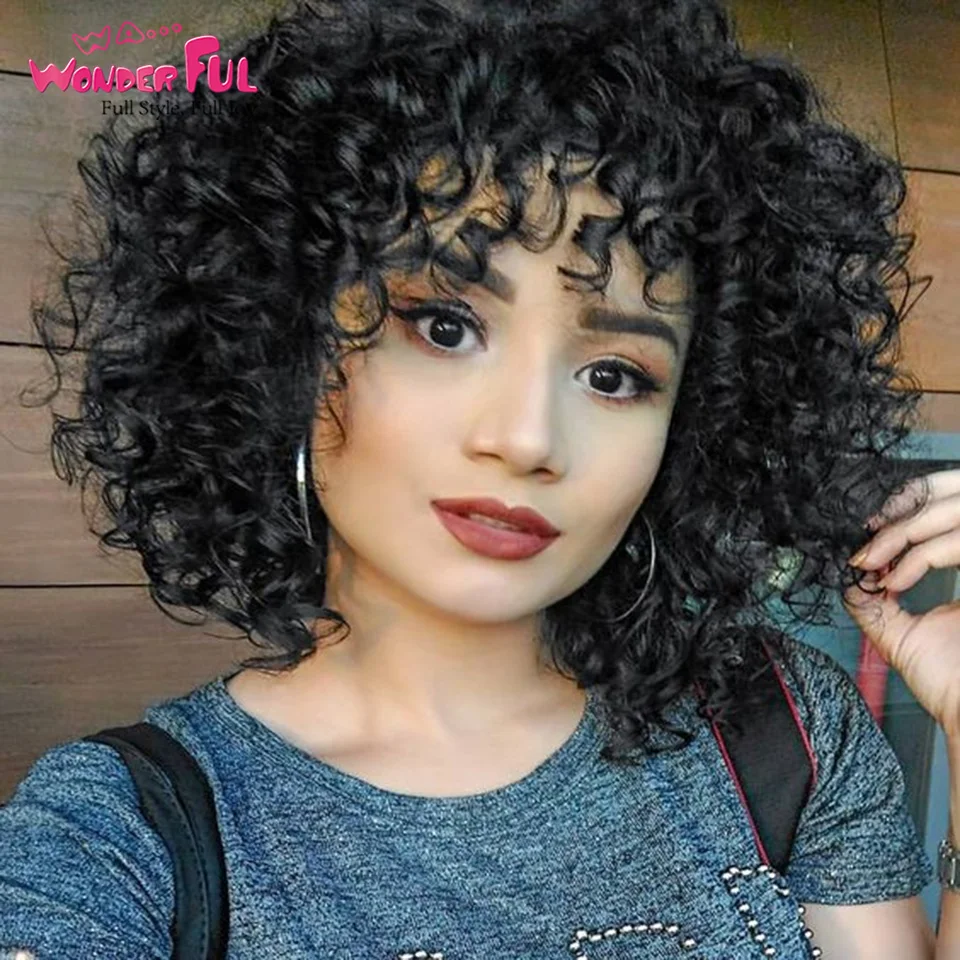 

Wonderful Highlight Short Bob Wigs Natural Brazilian Remy Hair With Bangs Hair Ombre Mix Brown Human Hair For Black Women