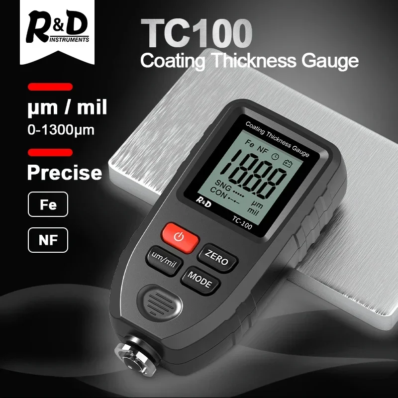 R&D TC100 Coating Thickness Gauge 0.1micron/0-1300 Car Paint Film Thickness Tester Measuring FE/NFE Russian Manual Paint Tool