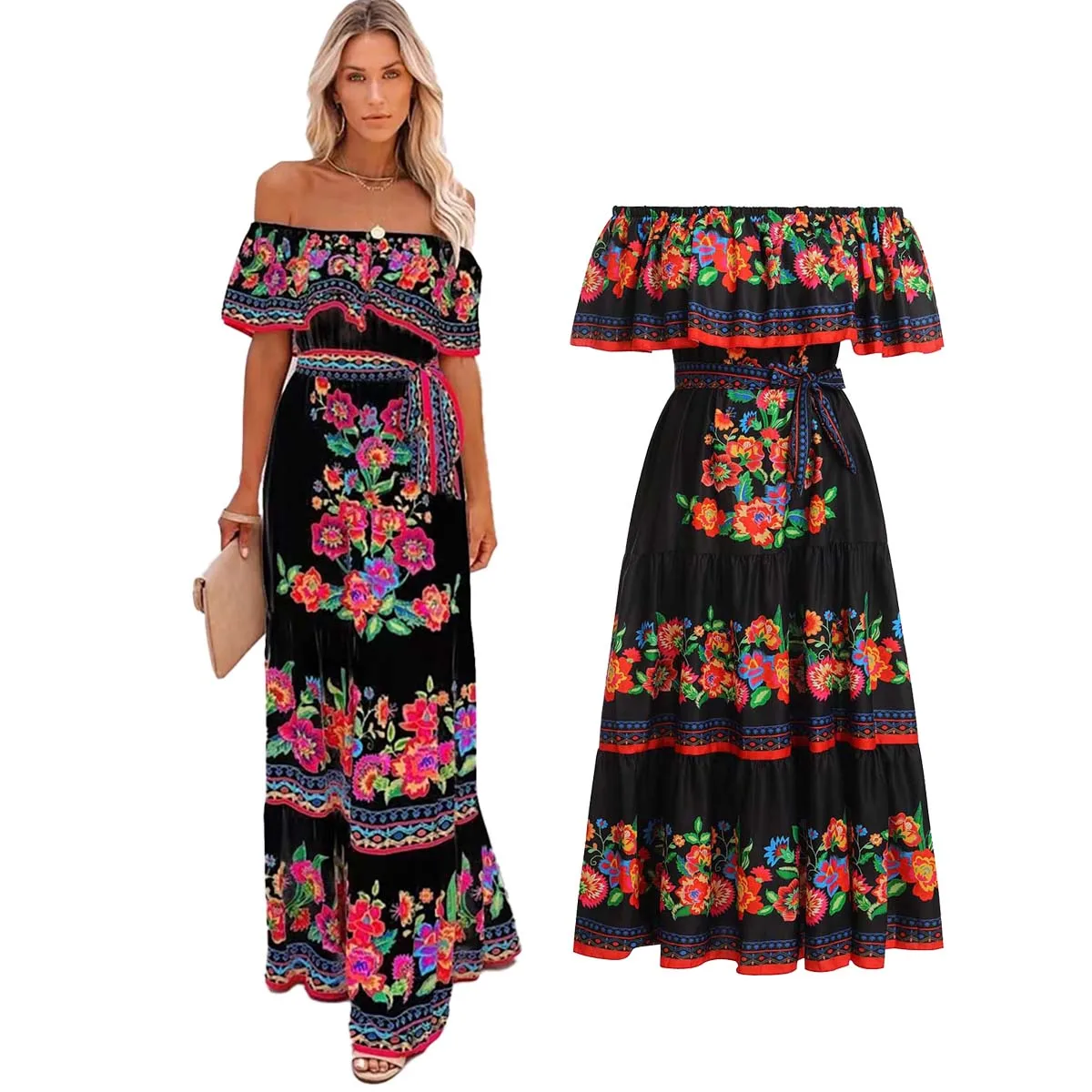 Mexican Traditional Ethnic Mexican Cinco De Mayo Summer Floral Print Off Shoulder Women Mexican Dress