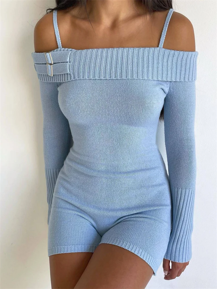 

Tossy Summer New Off-Shoulder Jumpsuit For Women Long Sleeve Y2k Slim Playsuit Knitwear High Waist Short Sets Casual Rompers