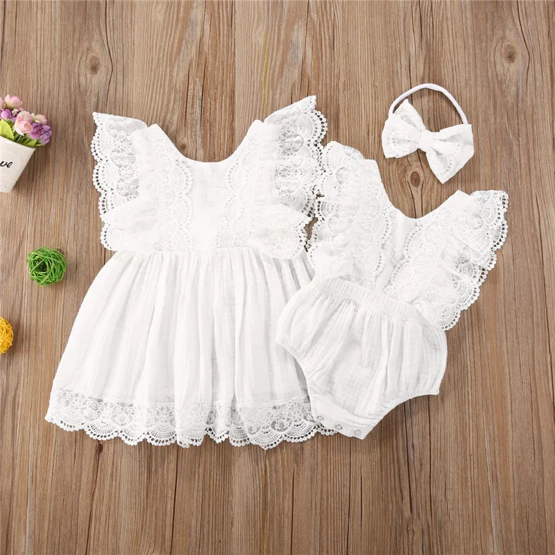 0-5years Newborn Sister Matching Romper Dress Outfits Solid White Lace Sleeveless Romper For Baby Girls Summer Dress