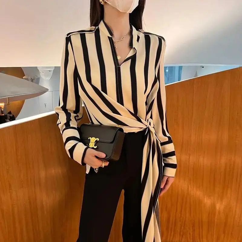 Commute Korean Striped Blouse Women\'s Clothing Casual V-Neck Spring Autumn Button Stylish Asymmetrical Irregular Bow Loose Shirt