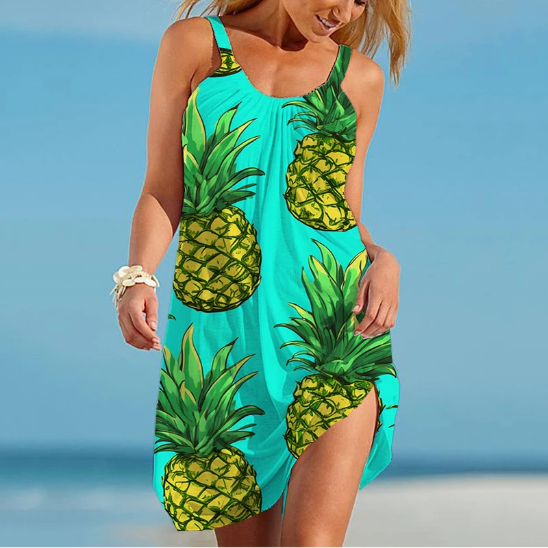 Summer new ladies suspender dress pineapple 3D printed lady camisole dress fashion trendy casual ladies suspender dress