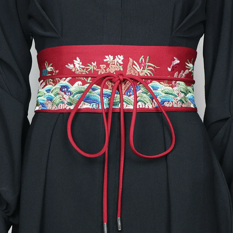 Red Chinese Style Gold thread embroidery double-sided Waistband Women's Retro Ethnic Style Hanfu Tassel Wide Belts