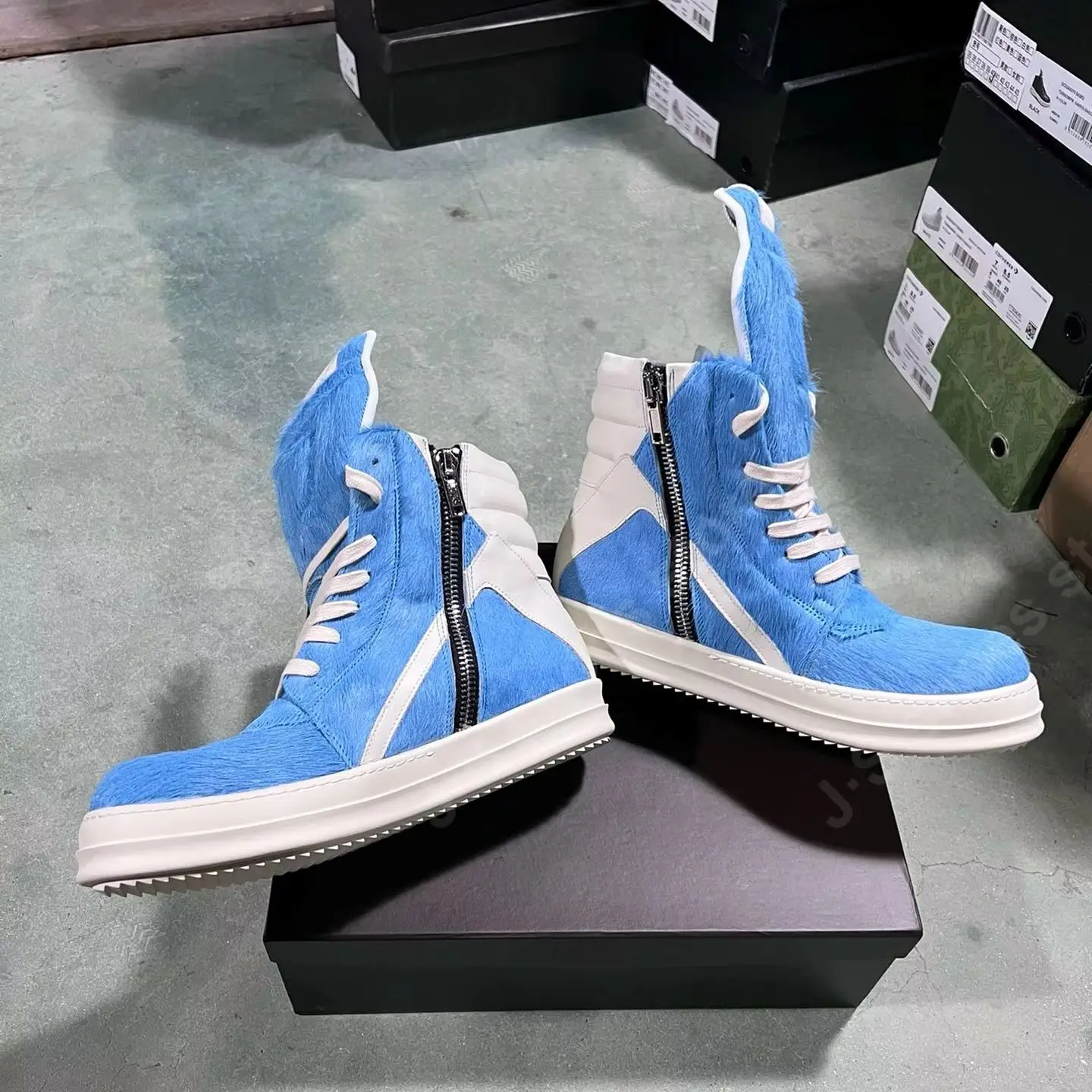 Ricks Shoes Men Horse Hair Boot High Top Shoes Women Sneaker Owens Casual Shoes Men Shoe Zipper Blue Horsehair Flat Ankle Boots