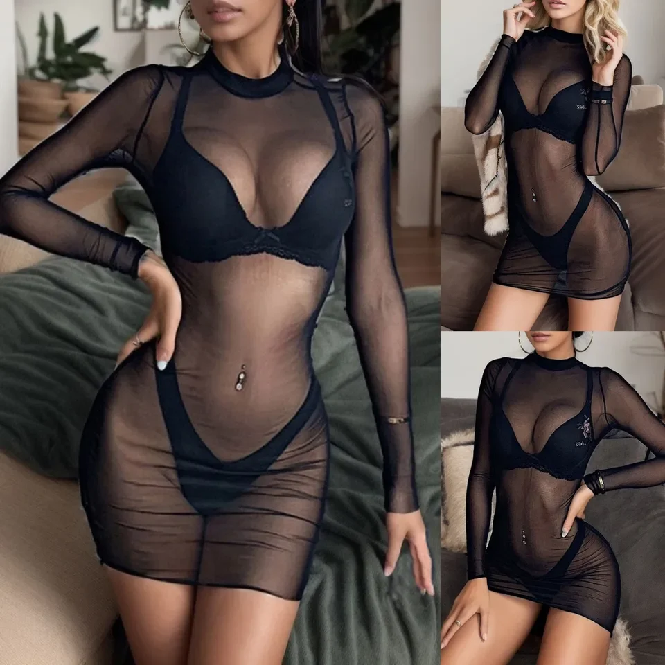 

Прозрачное сетчатое платье для женщин, прозрачная сетчатая ночная рубашка с длинным рукавом и круглым вырезом, большие размеры, женское сексуальное женское белье, эротические костюмы