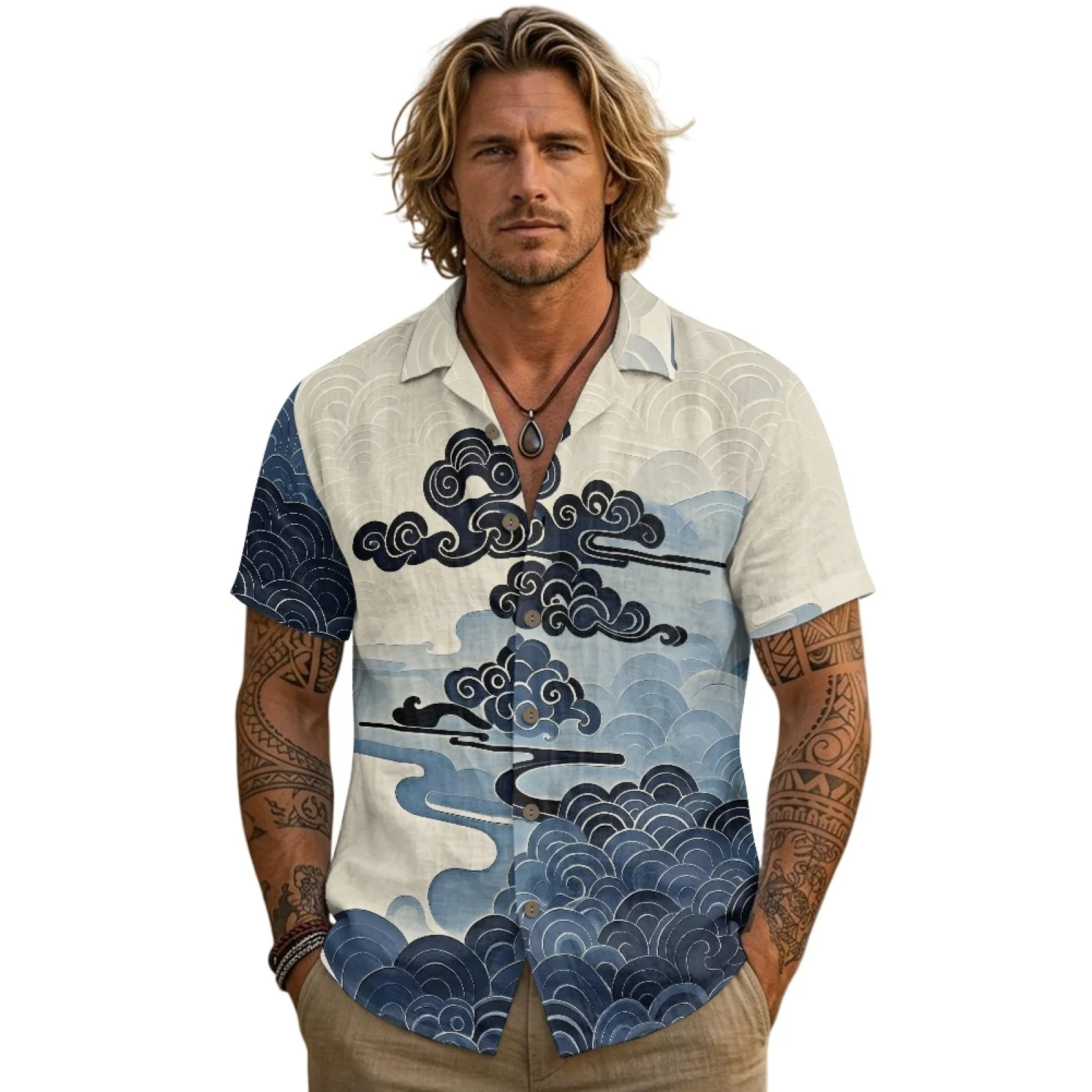 PENSTROLL Cloud Wave Design Linen Like Hawaiian Shirt Single Breasted Short sleeved Shirt Top for Men S-3XL