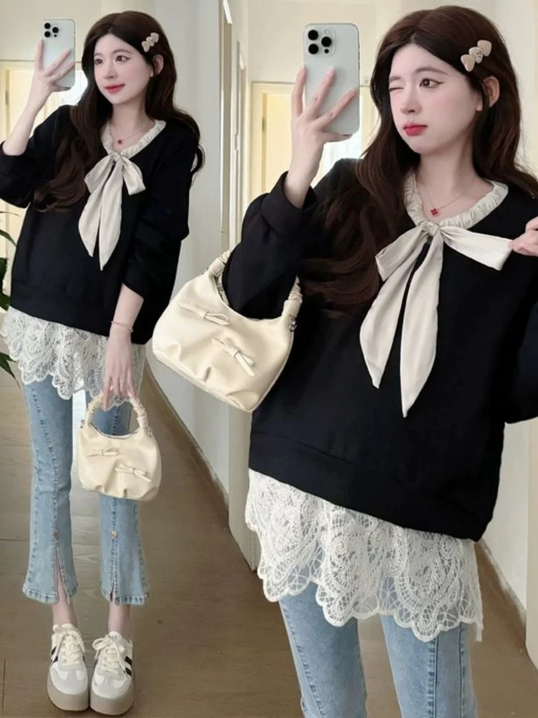 

Корейский кружевной свитшот из двух предметов, женский осенне-зимний V-Ne Long Sve irt, большой размер, модный повседневный свитер...