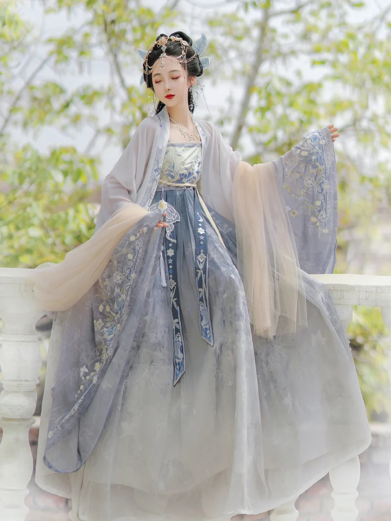 

Женское традиционное китайское платье Hanfu, длинная юбка, оригинальный летний синий костюм в китайском стиле ханфус, Современные платья