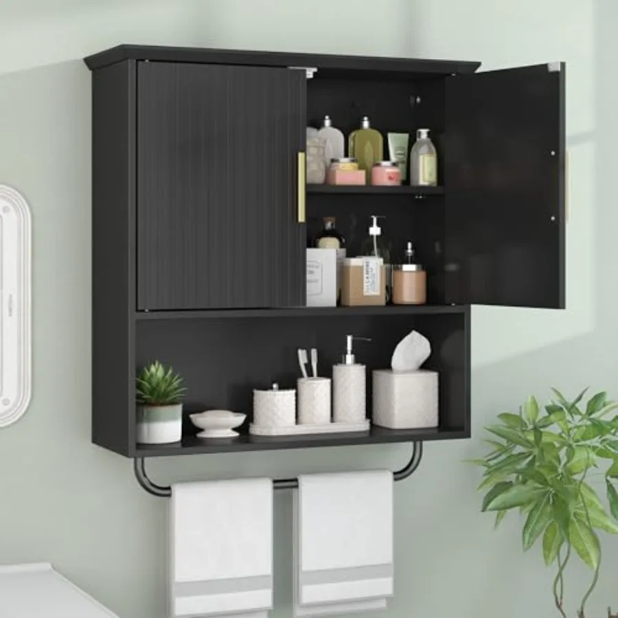 

Настенный шкаф для ванной комнаты с полкой для полотенец, 2 дверцами, регулируемыми полками, экономящий пространство, деревянный, настенный, для хранения и организации вещей