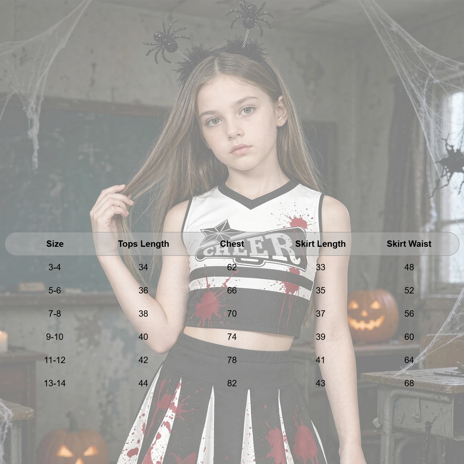 Kinder Mädchen Halloween Cheerleader Cosplay Kostüm Cheerleading Uniform V-Ausschnitt Crop Top mit Faltenrock Cheer Dance Outfit – Detail 1
