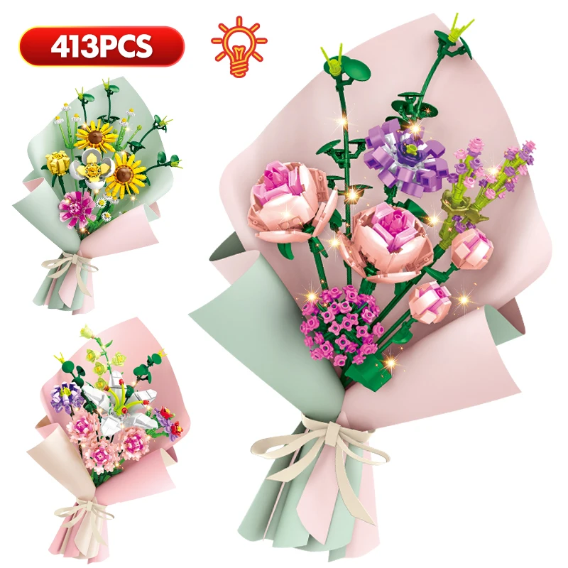 

413pcs City Creative Idea Friend Romantic Bouquet Of Roses Flowers Building Blocks Bricks with Lights Toys for Lovers Girls