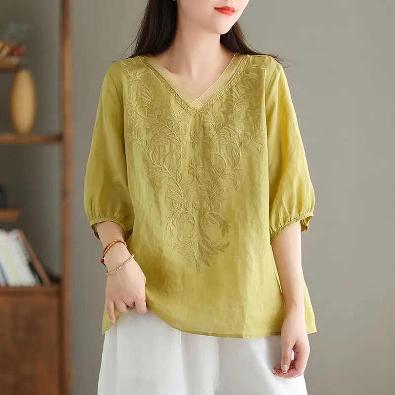 Summer Chinese Style Women Thin Style V-neck Solid Color Embroidery Loose Casual All-match Cotton and Linen Comfortable Shirt