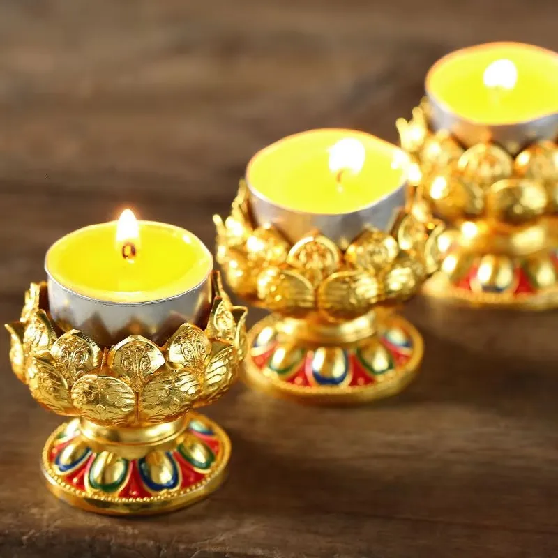 Embossed Buddhist Candle Cup Zinc Alloy Flower Golden Candlestick Tibetan Wedding Lamp Holde Dinner Home Table Decoration