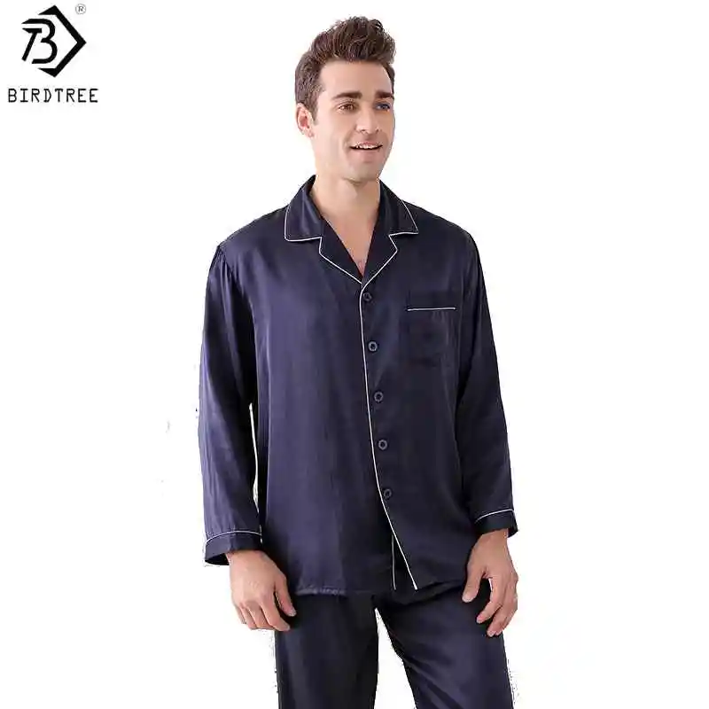 BirdTree,16MM 100% Real Silk Pajamas Set For Men,Full Sleeve Lapel Top Pants,Soft Casual Homewear,2026 Spring Autumn P61707JF