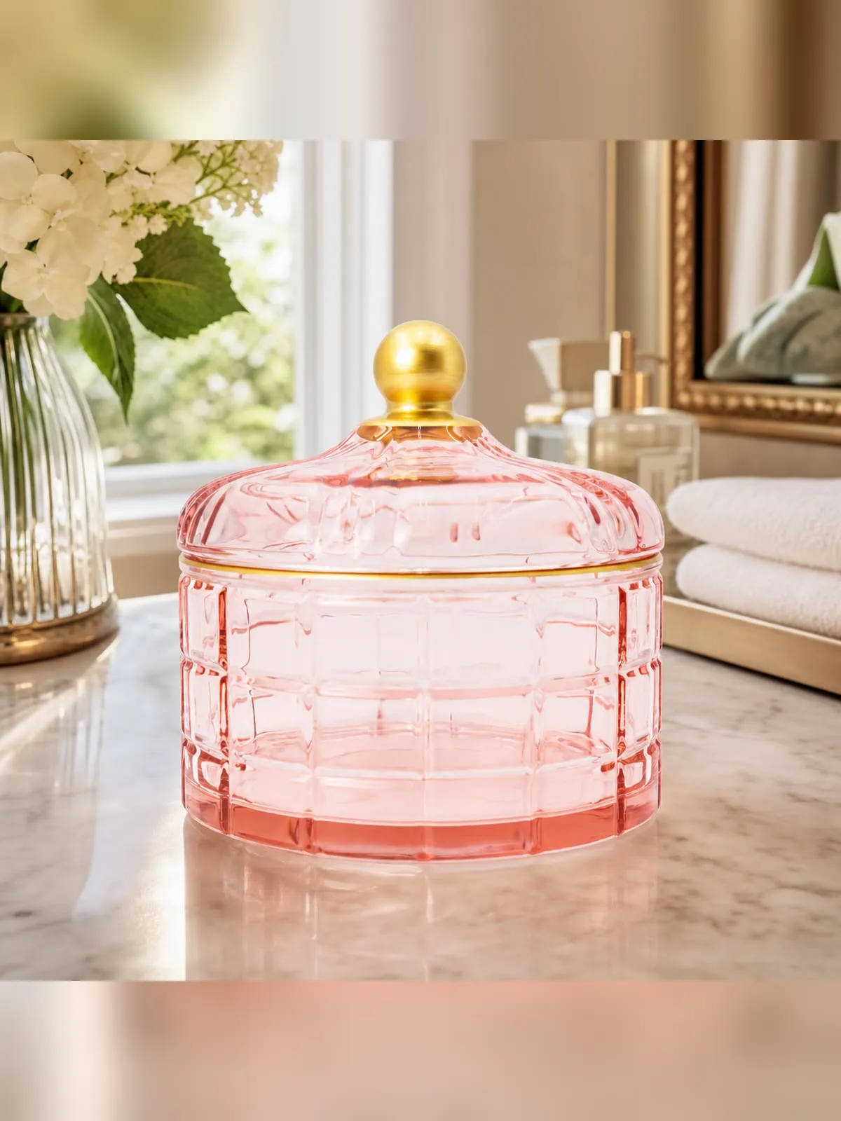 Pink Glass Jewelry Storage Box with Lid, Round Ornament Organizer, Desktop Decoration, Smooth and Easy to Clean view 4
