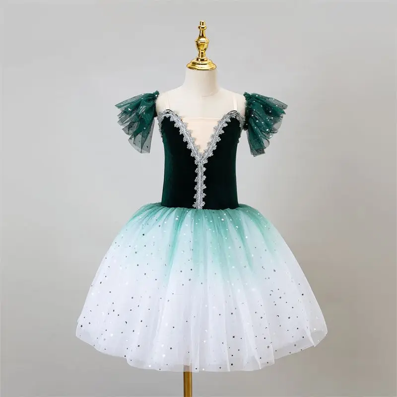 New Children Ballet Dress Royal Green Romantic Tutu Dance Dress For Girls Kids Leotard Ballerina Group Performance Ballet Wear